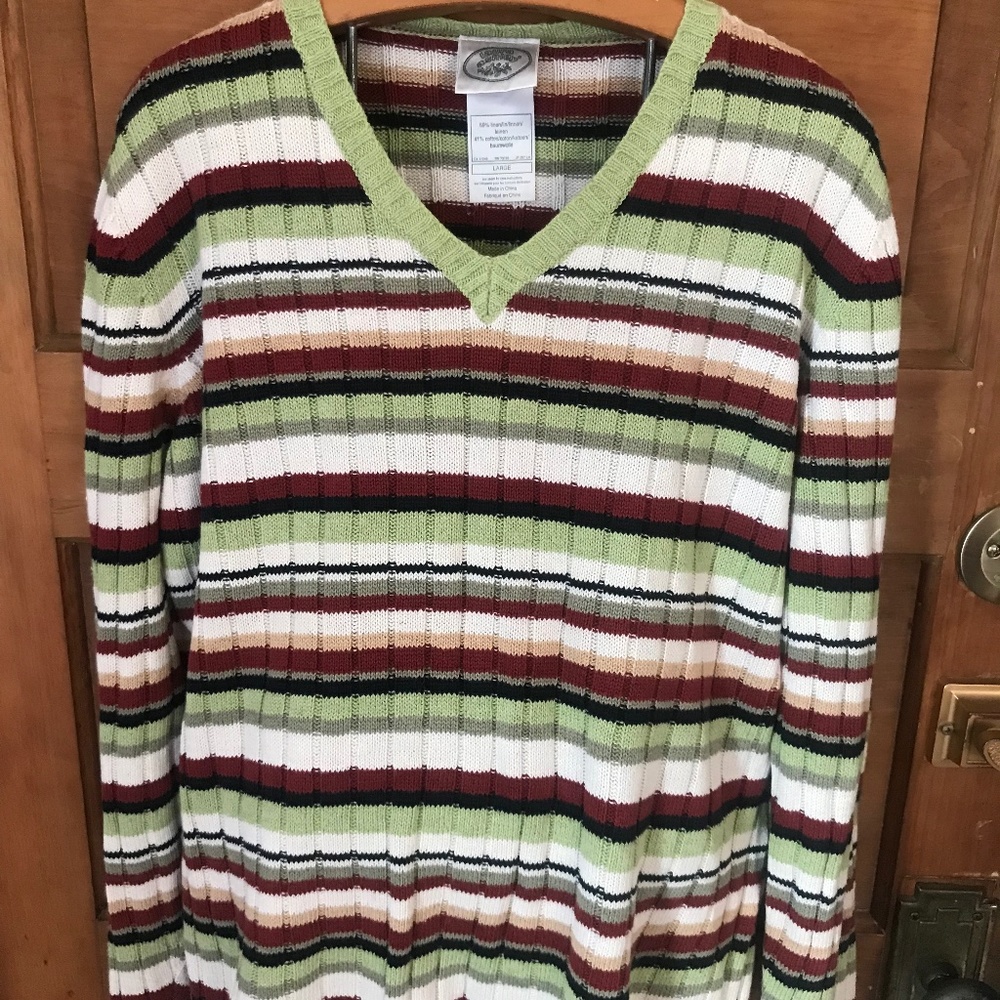 Y2K Laura Ashley linen blend V-neck striped ribbed Sweater L